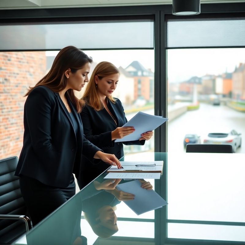 Twee adviseurs bespreken documenten aan een glazen bureau met uitzicht op Nijmegen
