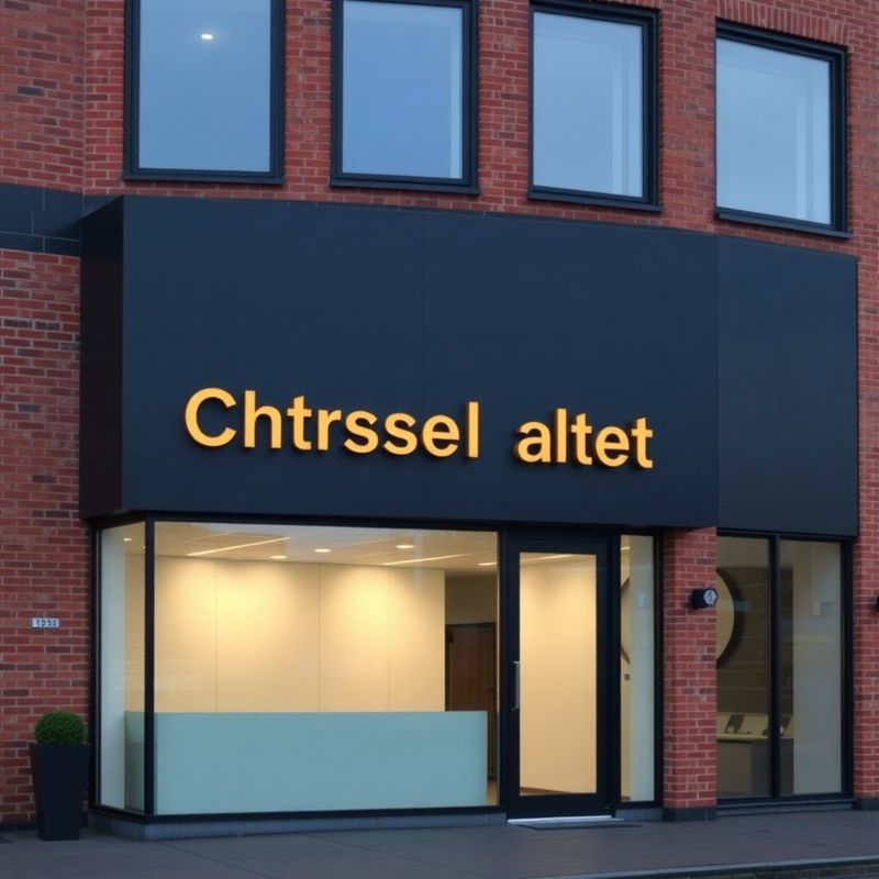 Exterieur van een modern Nijmeegs kantoorgebouw met charcoal-gouden bewegwijzering