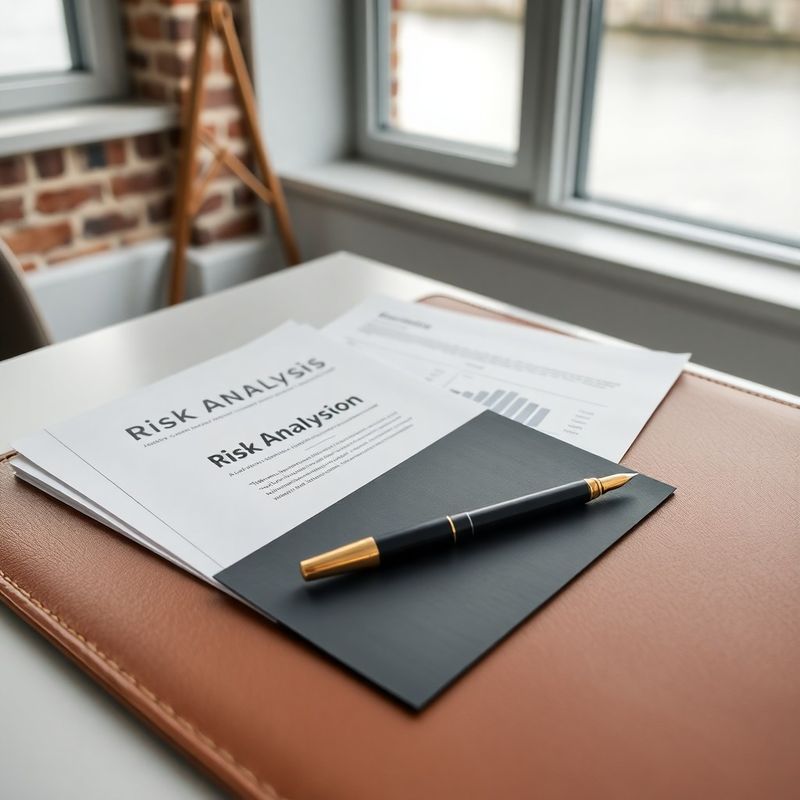 Risicoanalysedocumenten en een charcoal vulpen op een gouden leren bureauonderlegger