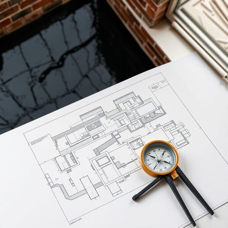 Bovenaanzicht van architectonische structuurblauwdrukken en een charcoal-gouden passer